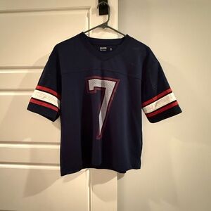 Navy Mesh Jersey Top with Number 7 and Red-White Sleeve Stripes- Hollister
